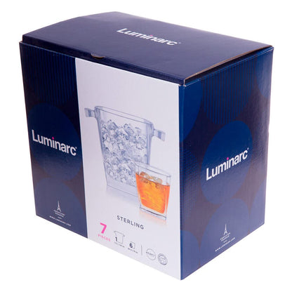Luminarc 307-5978 Juego de Hielera con 6 Vasos Old Fashion de Vidrio Grueso Transparente, Modelo Stearling, Juego para Mesa de Noche o Bar en Casa, Capacidad 1.3 L y 295 ml con Caja de Regalo