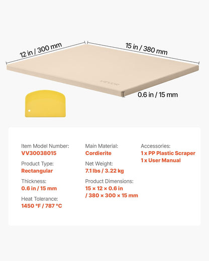 VEVOR Piedra para Hornear Pizza de 38 x 30 cm, Rectangular de Cordierita, Placa Extragrande con Raspador, 1,5 cm de Grosor, Resistente al Calor, Apta para Cocina, Horno, Pan, Pizza y Parrilla