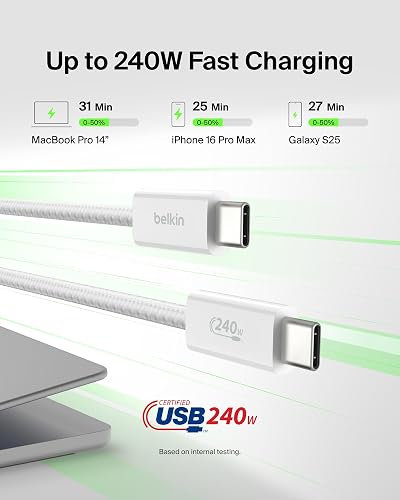 Belkin Cable USB-C a USB-C 2M 240W Carga Rápida Trenzado | iPhone 17, Samsung Galaxy S26, Pixel 10, Airpods, iPad, Nintendo Switch 2, MacBook, Steam Deck, viajes, Chromebook, trenzado