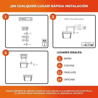 Tecnolite Lámpara Plafón LED 24 W - Luz de Día, IP54, IK05, Lámpara de Techo de Sobreponer Cuadrada, LED integrado, OKAB II