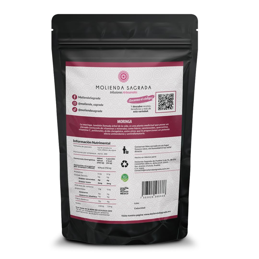 Molienda Sagrada Moringa Orgánica/Hojas de Moringa Mexicana en Polvo, Calidad Premium, Super Alimento, Moringa, 250 Gramos