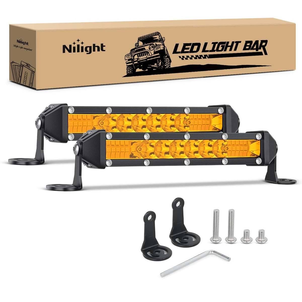 Nilight - Barra de luz LED delgada, 2 unidades de 7 pulgadas, 16 LED, combinación de inundación de punto de una sola fila, color ámbar, para conducción de niebla de 12 V, 24 V, ATV, camioneta, tractor