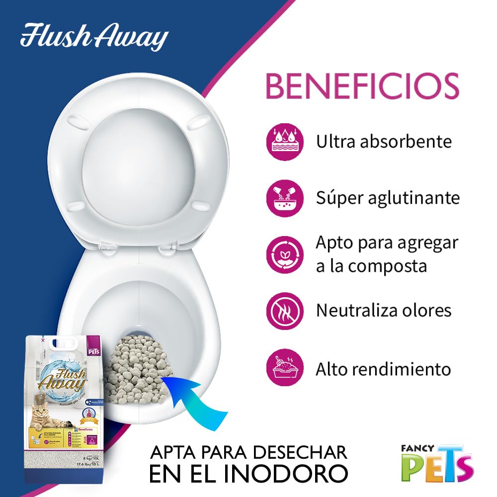 Fancy Pets Arena para Gatos de Bentonita Soluble Desechable en Inodoro Libre de Polvo 4kg Flush Away
