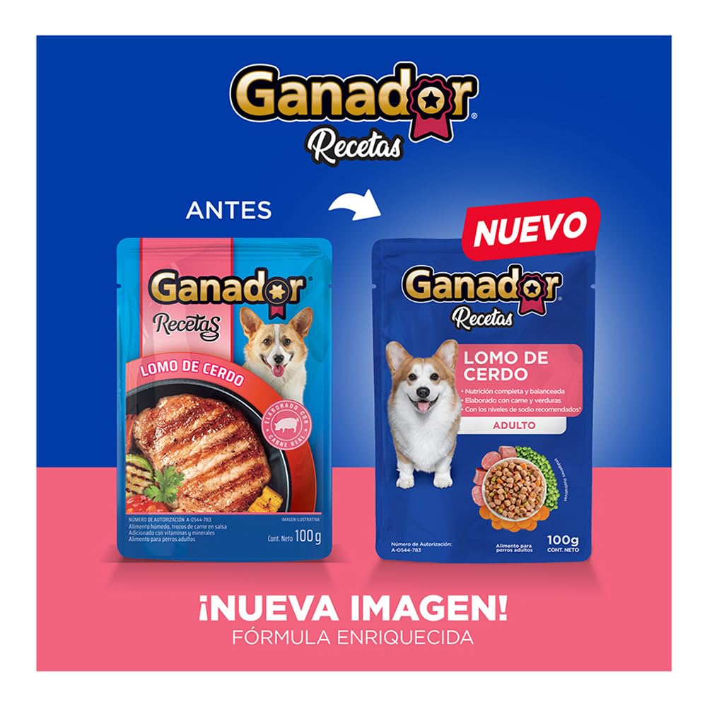 Ganador Recetas Lomo de Cerdo para perros adultos de todas las razas. Paquete con 22 piezas de 100 g c/u.