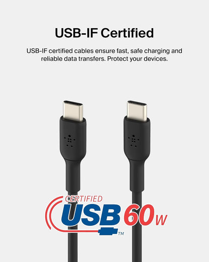 Belkin USB-C a USB-C Cable de Carga Rápida (2M/6.6ft) para iPhone 16, iPhone 16 Pro, iPhone 16 Pro MAX, Galaxy S25, S24, Note, Pixel, iPad Pro, Nintendo Switch 2, Carplay y más, Negro