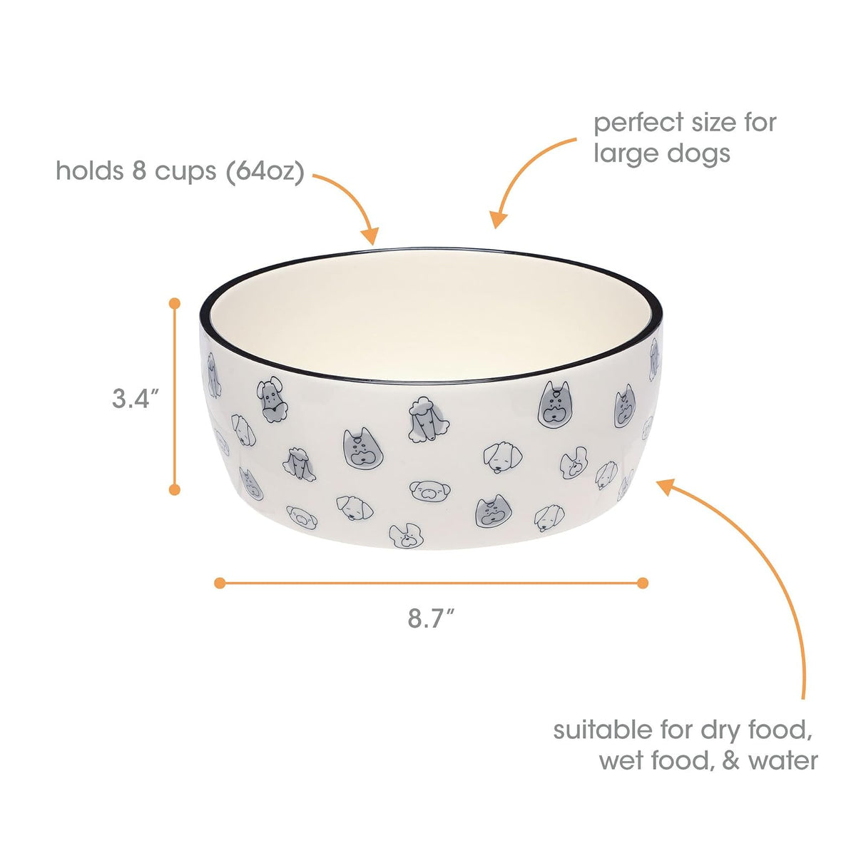 Pearhead Dog Faces - Cuenco para Mascotas, Plato de Agua y Comida para Perros, Accesorio para Perros dueños de Mascotas, cerámica, Gris y Blanco, Grande