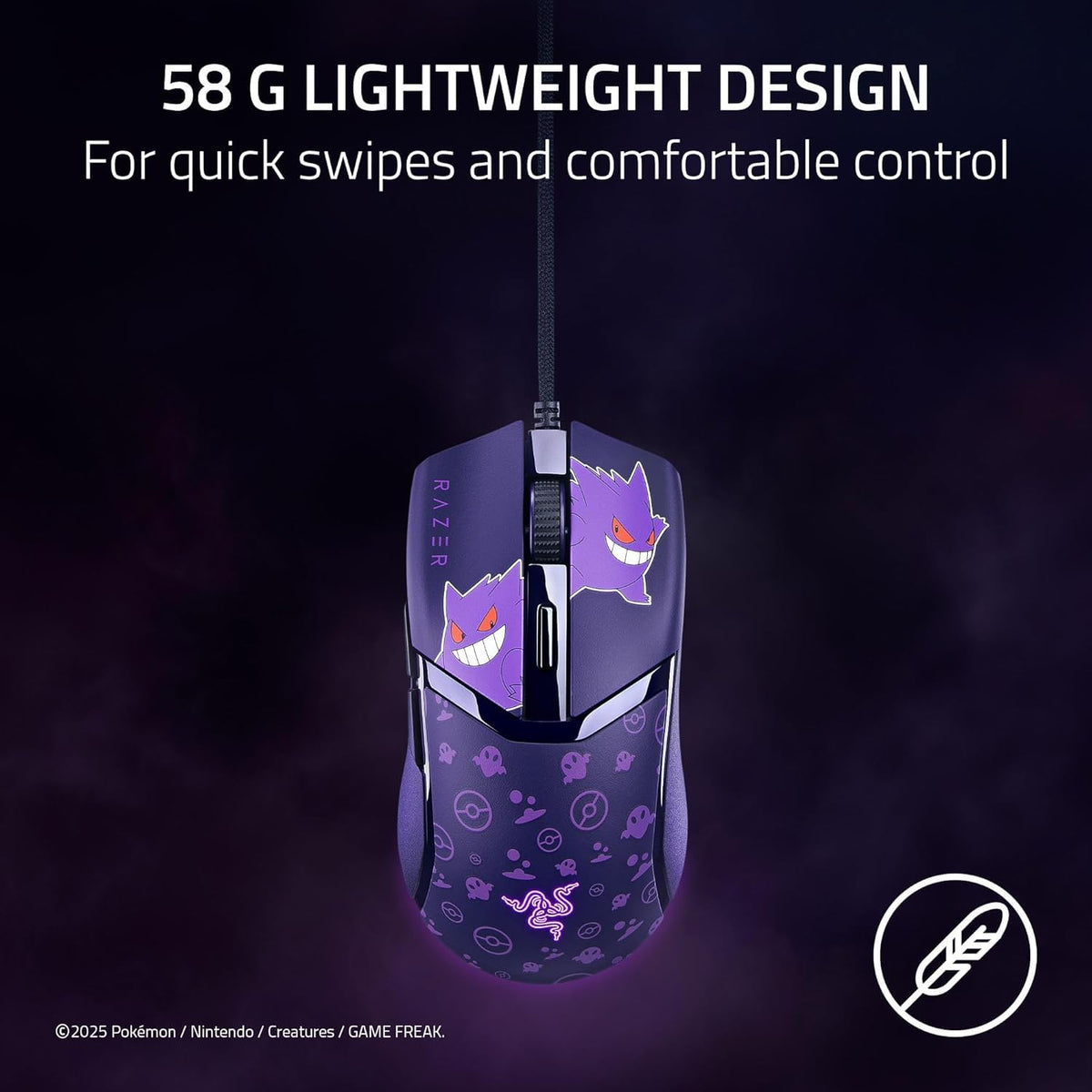 Razer Cobra Gengar Edition - Ratón para Juegos Ligero con Cable - Sensor 8500 dpi - 58g - Interruptor óptico 3th Gen - Iluminación cromada - Cable Speedflex - PC/Mac | Pokémon Gengar