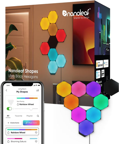 NANOLEAF SHAPES Hexagon Black 9-Pack Starter | Compatible con Alexa, decoración de pared para el hogar para sala de estar con sincronización de música, kit más inteligente