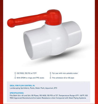 Válvula de bola de PVC con mango en T, color rojo Solvent Connections - Plástico blanco (482T600)