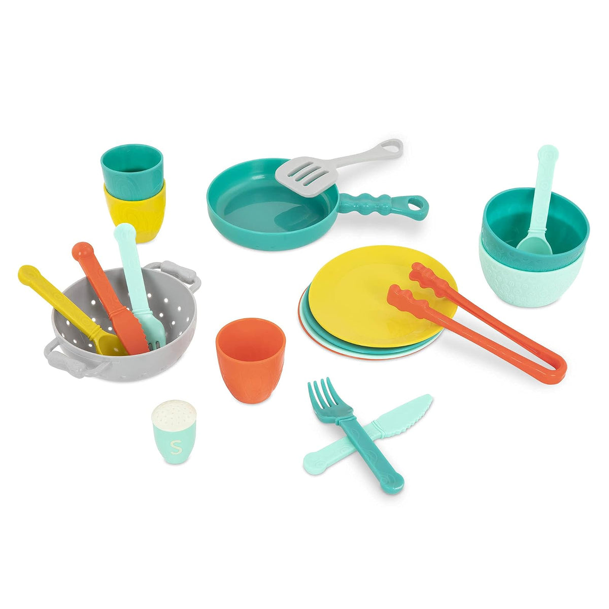 B. toys Mini Chef, Accesorios de Cocina y vajilla de Juguete | Set de juego de 33 piezas con olla, sartén, colador, utensilios, platos, cuencos, vasos y cubiertos para 4, 3 años y +