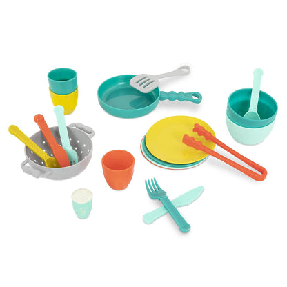 B. toys Mini Chef, Accesorios de Cocina y vajilla de Juguete | Set de juego de 33 piezas con olla, sartén, colador, utensilios, platos, cuencos, vasos y cubiertos para 4, 3 años y +
