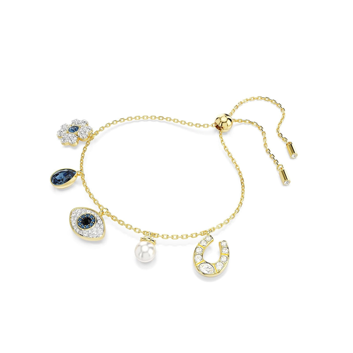 Pulsera Symbolica, trébol, mal de ojo y herradura, azul, acabado dorado, Una talla, Cristal, cristal