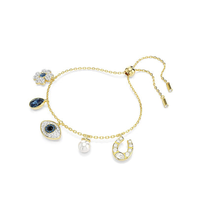 Pulsera Symbolica, trébol, mal de ojo y herradura, azul, acabado dorado, Una talla, Cristal, cristal