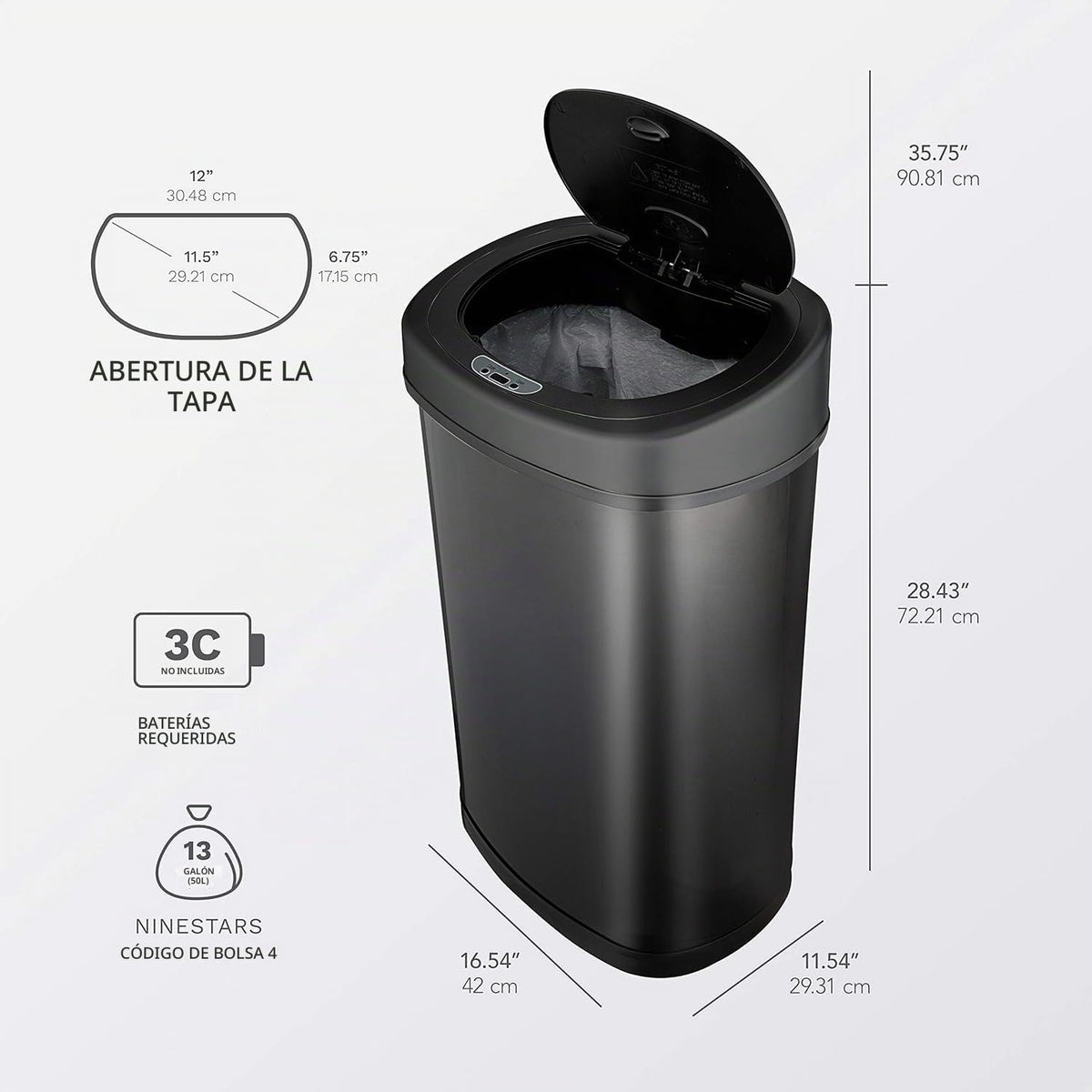 Ninestars DZT-50-9BK Stainless Steel Motion Sensor Gallon Trash Can, 3.2 Ltrs/50 Gallons, Black