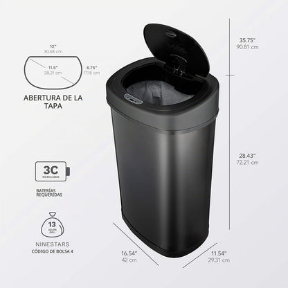 Ninestars DZT-50-9BK Stainless Steel Motion Sensor Gallon Trash Can, 3.2 Ltrs/50 Gallons, Black