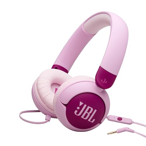 JBL Junior 320 - Auriculares con Cable en la Oreja para niños, Sonido Seguro (<85dB), micrófono Integrado, Apto para niños y Personalizable con Pegatinas Incluidas (Morado)