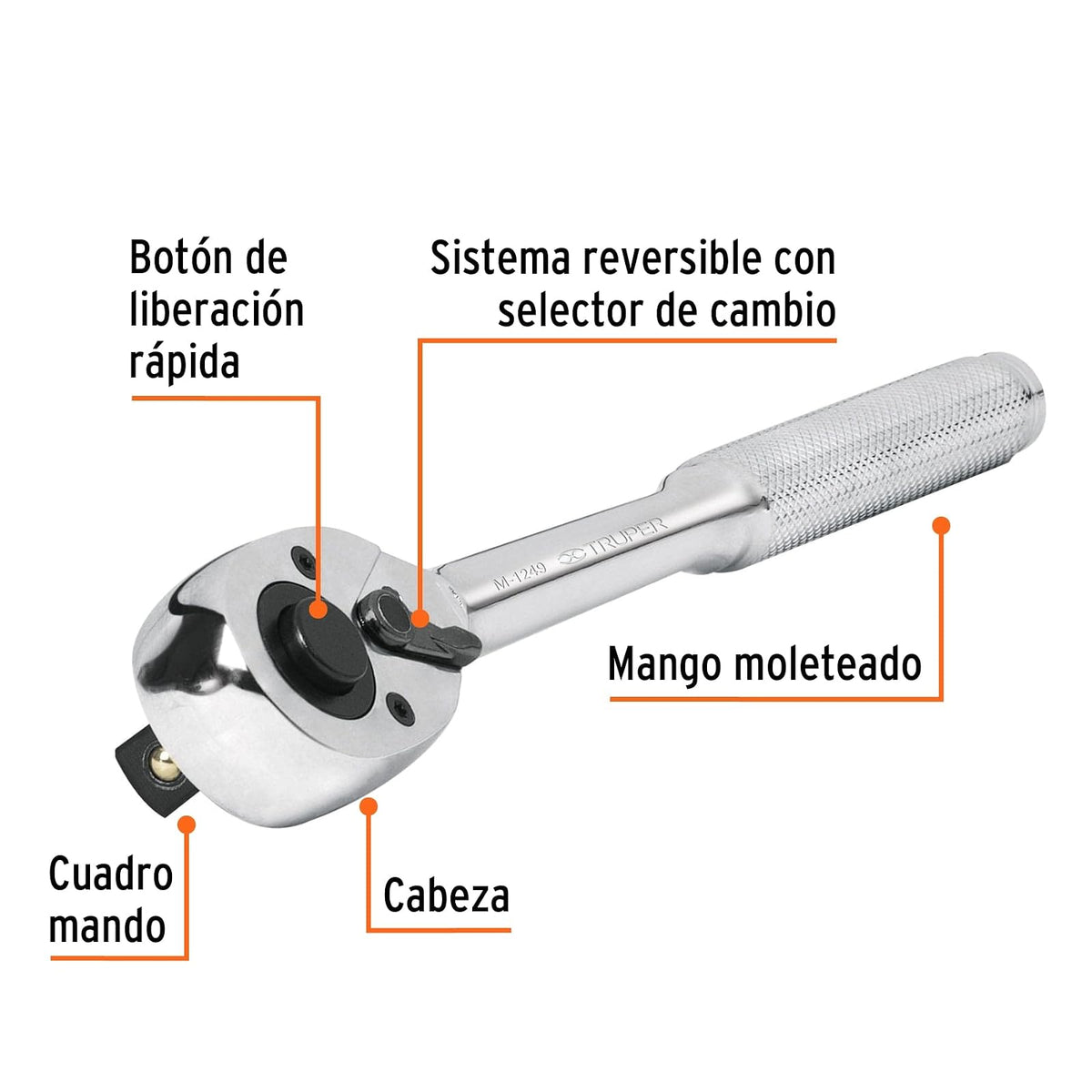 Truper M-1249, Matraca liberación rápida, cabeza de pera, cuadro 1/2"