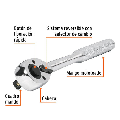 Truper M-1249, Matraca liberación rápida, cabeza de pera, cuadro 1/2"