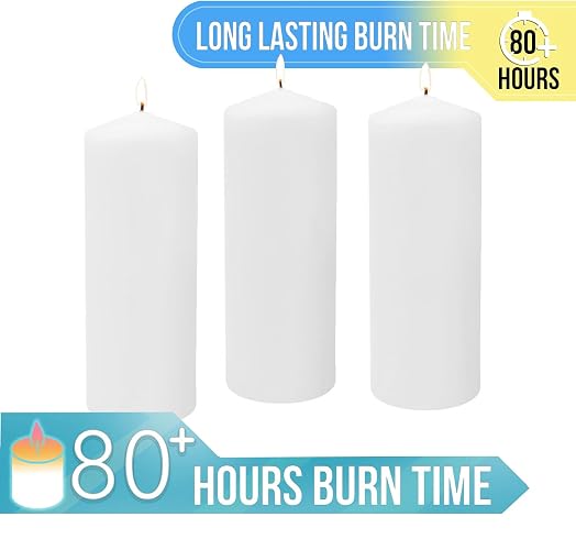 Stonebriar - Paquete de 3 velas de cera blanca sin perfume de 3 x 8 pulgadas, 80 horas de largo