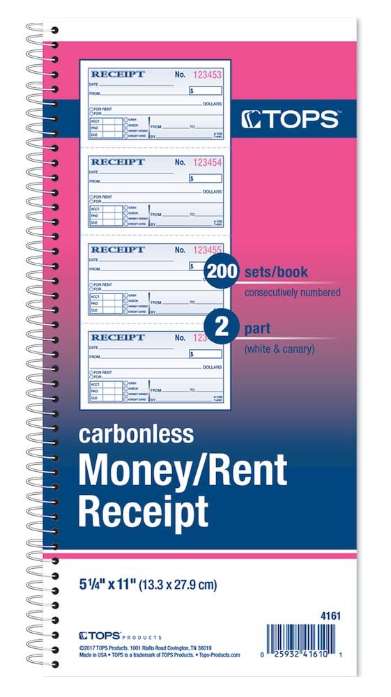 TOPS Libro de recibos de dinero/alquiler, 2 partes, sin carbono, 11 x 5.25 pulgadas, 4 recibos/página, 200 juegos por libro (4161), blanco