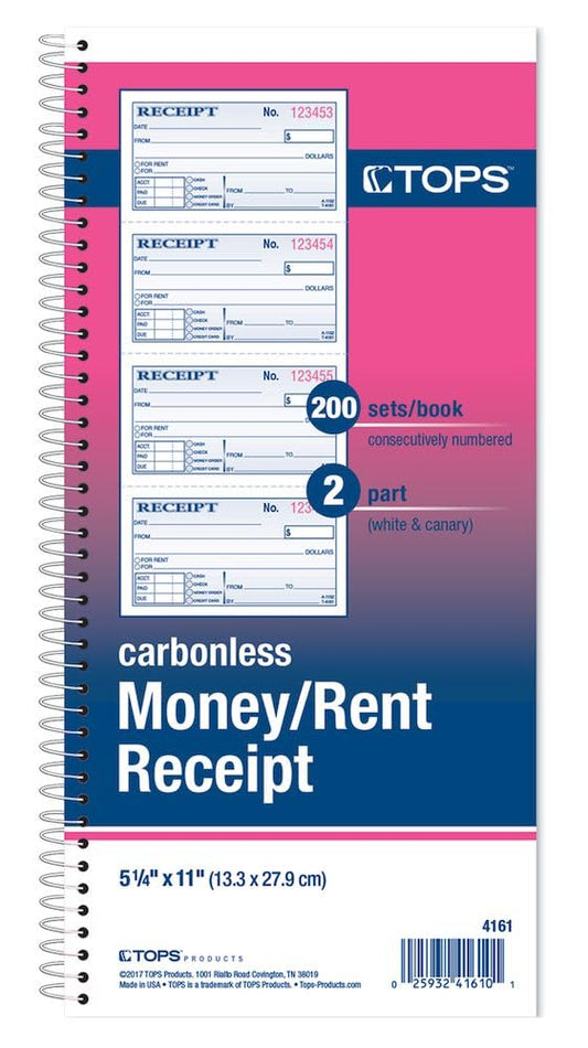 TOPS Libro de recibos de dinero/alquiler, 2 partes, sin carbono, 11 x 5.25 pulgadas, 4 recibos/página, 200 juegos por libro (4161), blanco