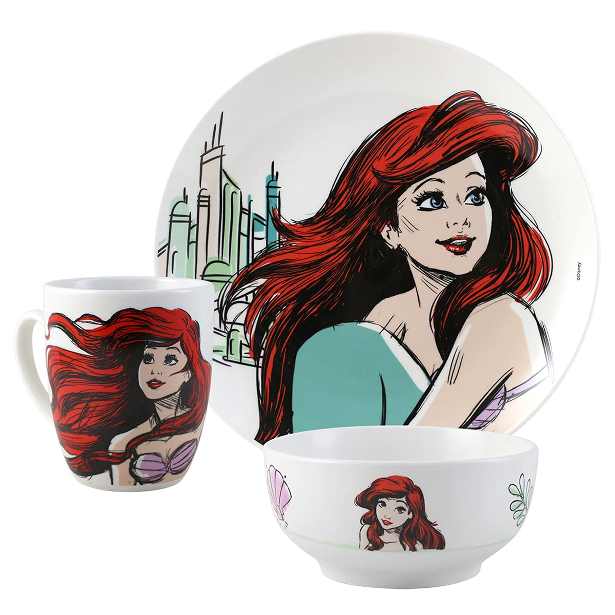 FunKids 2415-3570 Vajilla Familiar Porcelana, Colección Princesas Disney, Diseño Cenicienta, Bella, Rapunzel y Ariel, Vajilla 12 piezas, para 4 personas, Multicolor