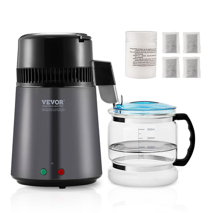 VEVOR Destilador de agua, filtro purificador de agua pura de 4 l y 1,05 galones para encimera del hogar, máquina de agua destilada de 750 W, destilador interior de acero inoxidable, color gris