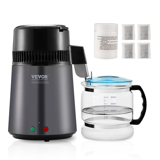 VEVOR Destilador de agua, filtro purificador de agua pura de 4 l y 1,05 galones para encimera del hogar, máquina de agua destilada de 750 W, destilador interior de acero inoxidable, color gris