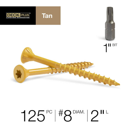 Deck Plus 48413 - Tornillos de madera y valla exteriores con revestimiento de epoxi #8 x 2 Torx/Star incluye rosca gruesa, tornillo de cubierta resistente a la corrosión, color bronceado, caja de 1