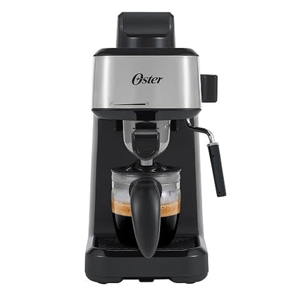 Oster Cafetera para Espresso y Cappuccino con Jarra de Vidrio | Tubo de vapor para espumar leche, con perilla de control, incluye cuchara medidora/aplanador, BVSTEM330