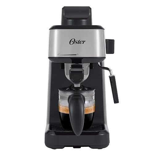 Oster Cafetera para Espresso y Cappuccino con Jarra de Vidrio | Tubo de vapor para espumar leche, con perilla de control, incluye cuchara medidora/aplanador, BVSTEM330