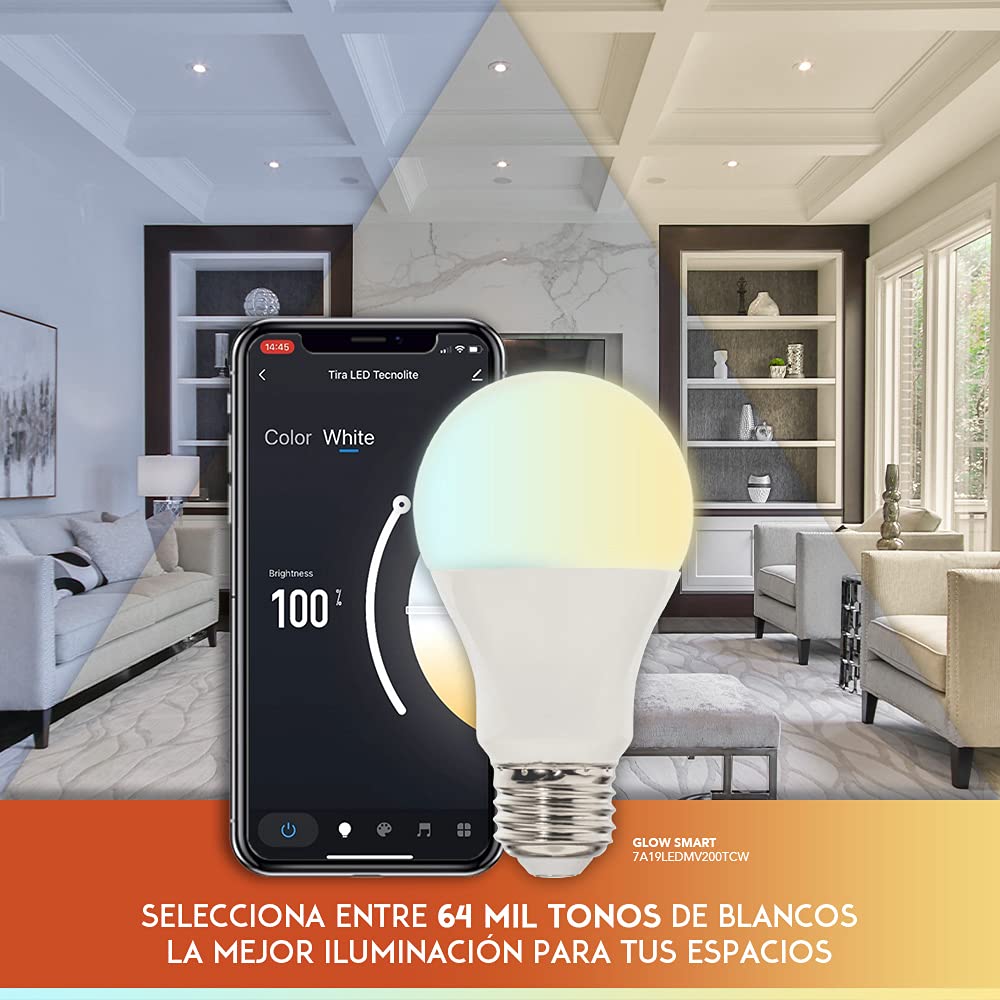 Tecnolite Connect - Paquete 3 Focos Inteligentes Luz Blanca WiFi y Bluetooth, Comp. Alexa, App Connect, Glow Smart, Iluminación blanca, cálida, fría, Iluminación Interior