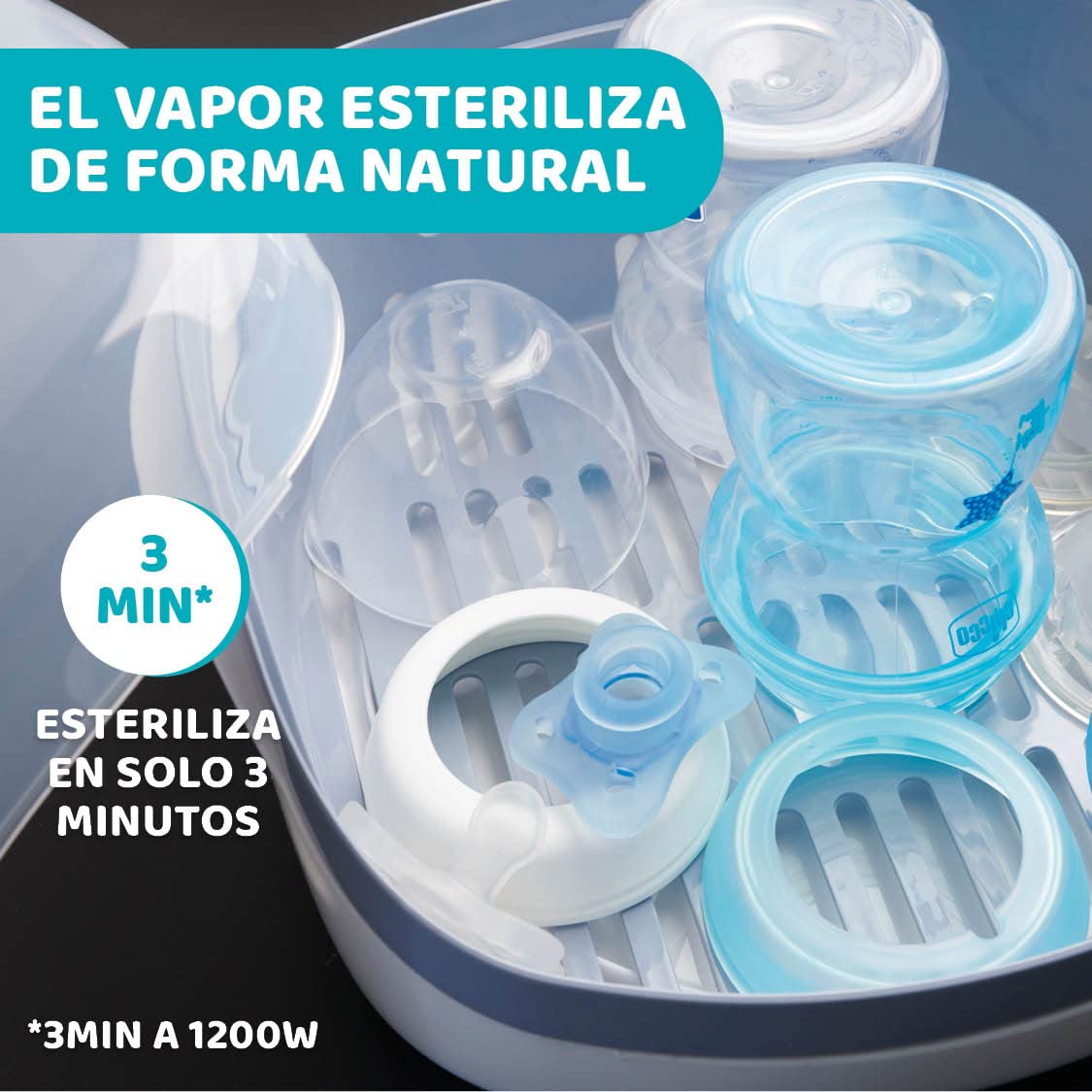 Chicco - Esterilizador para microondas de vapor, rápido y fácil de usar, hasta 6 Biberones, chupones, tetinas y otros accesorios, color Gris