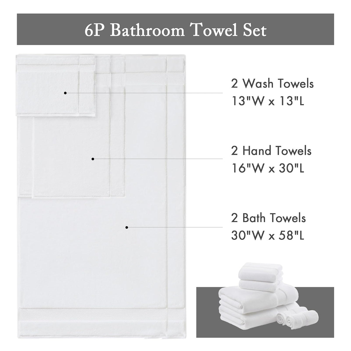 Madison Park - Juego de Toallas de baño Turco, 100% algodón, 600 g/m², de Lujo, Gruesas, Suaves, absorbentes, para baño, Ducha, Manos, Cara, Varios tamaños, Blanco, 6 Piezas
