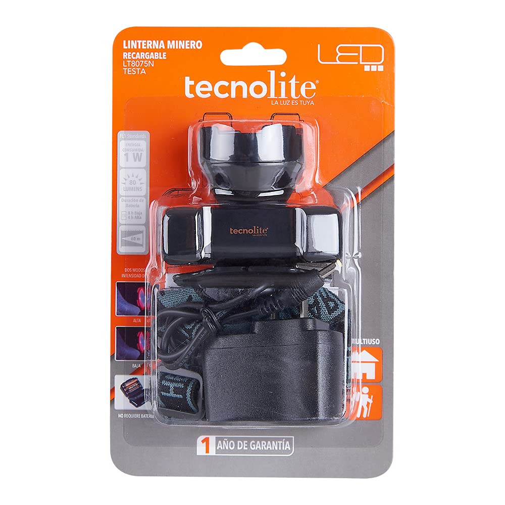 Tecnolite - Linterna Led Recargable para Cabeza, Con Baterías, Luz Led, En Color Negro 8 hrs de Uso, 80 Lumens, 60 m. de Distancia, 1 W, 5 VCD, Luz de Día 6 5000 k, Aplicación Portátil