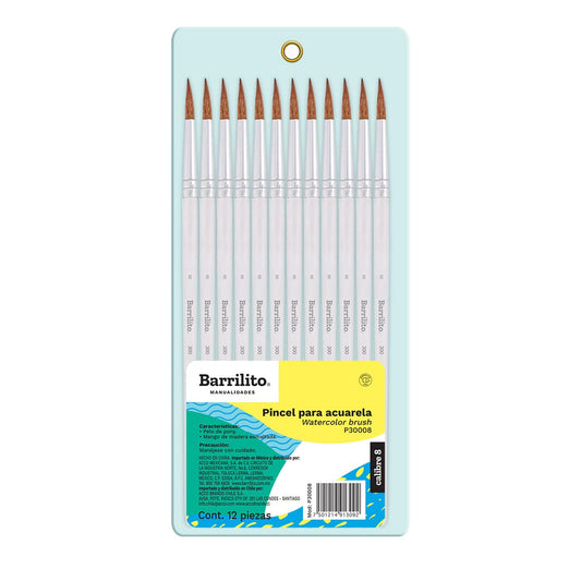 BARRILITO Pinceles Redondo para Acuarela Calibre 8 de Pelo de Pony Redondo con Mango de Madera, Paquete de 12 Pinceles, Ideal para Pintura Escolar y Manualidades. P30008