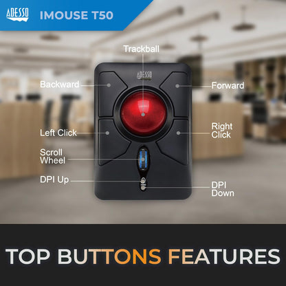 Adesso iMouse T50 Wireless Ergonomic Finger Trackball Mouse with Nano USB Receiver, Programmable 7 Button Design, and 5 Level DPI Switch, for Left and right Hand