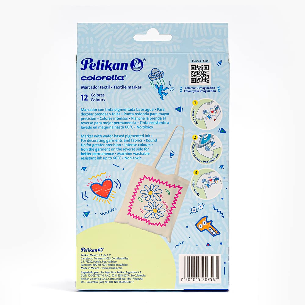 Pelikan Plumón Colorella Textil con 12 Piezas. Ideal para pintar sobre telas. No mancha.