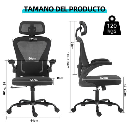 Cokos Silla de Oficina Ergonómica Giratoria Regulable con Reposabrazos Reposacabezas y Soporte Lumbar Apta para Oficinas y Salas de Estudio, Negro