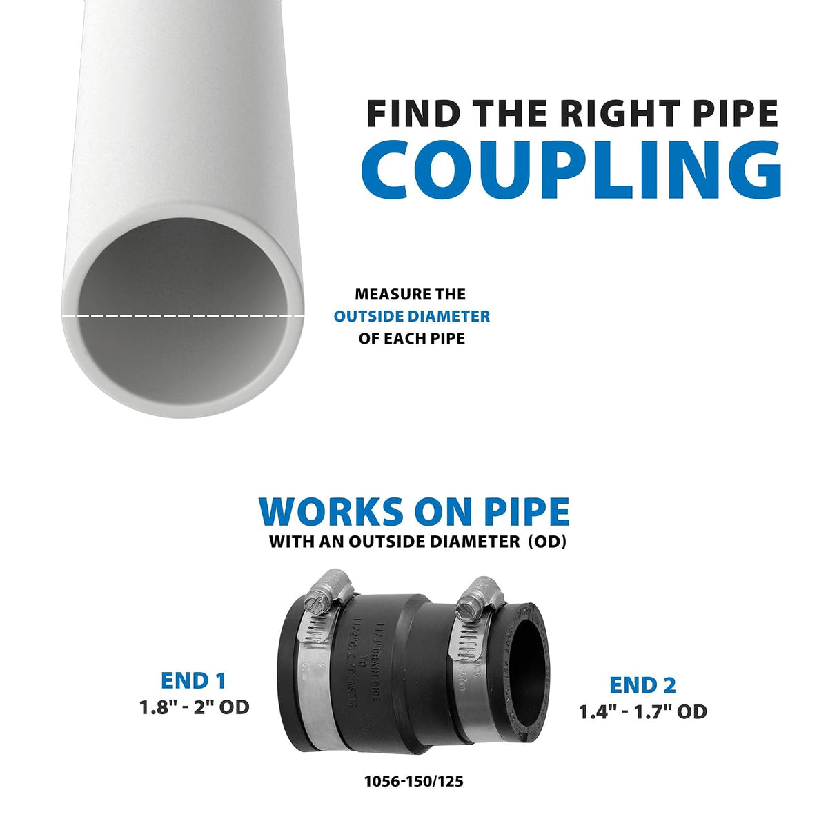 Fernco P1056-150/125 - Acoplamiento flexible de tubería de PVC de hierro fundido, conexiones de plomería de plástico o acero, 1-1/2" x 1-1/4", negro