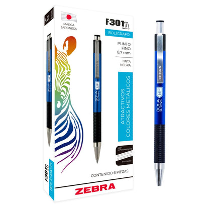 Zebra F-301 A Bolígrafo Retráctil Tinta Base Aceite Punto 0.7 mm Caja 6 Piezas (Azul)