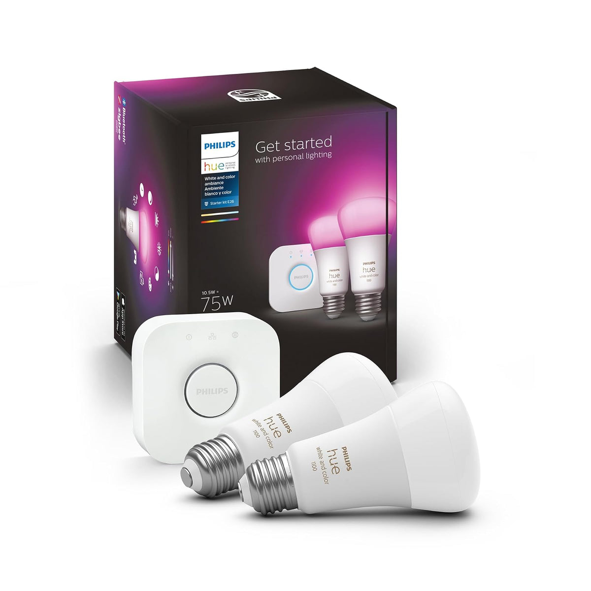 Philips Hue Color A19 foco LED inteligente 2PK + Puente Hue - Blanco y Ambiente de Color