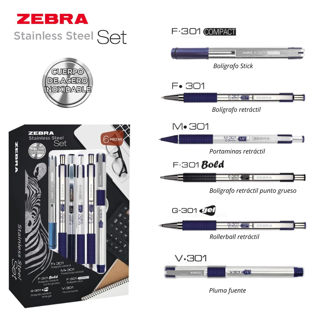 Zebra Stainless Steel Set Azul: Juego De Bolígrafo y Portaminas M/F 301 + Bolígrafo F-301 Bold + Bolígrafo F-301 Compact + Bolígrafo Tinta Gel G-301 + Pluma Fuente V-301.