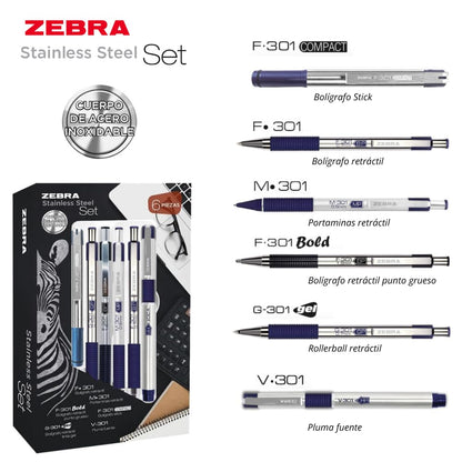 Zebra Stainless Steel Set Azul: Juego De Bolígrafo y Portaminas M/F 301 + Bolígrafo F-301 Bold + Bolígrafo F-301 Compact + Bolígrafo Tinta Gel G-301 + Pluma Fuente V-301.