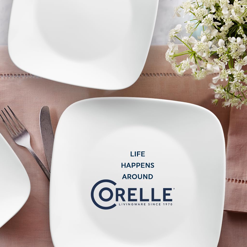 Corelle Vitrelle - Juego de vajilla cuadrada de 18 piezas de 18 piezas de servicio para 6 vajillas cuadradas de triple capa resistente a vidrio y astillas, juego de platos y cuencos cuadrados ligeros