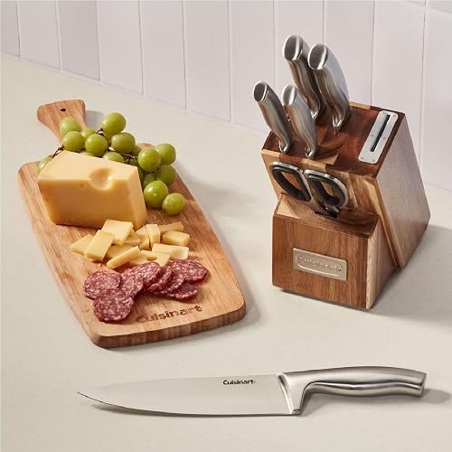 Cuisinart Bloque de madera Cuchillos 7 pzs Acero Inoxidable Afilador | Bloque de cuchillos 7 pzs con bloque con afilador incorporado y tijeras,Cuchillos con acabado satinado y mate