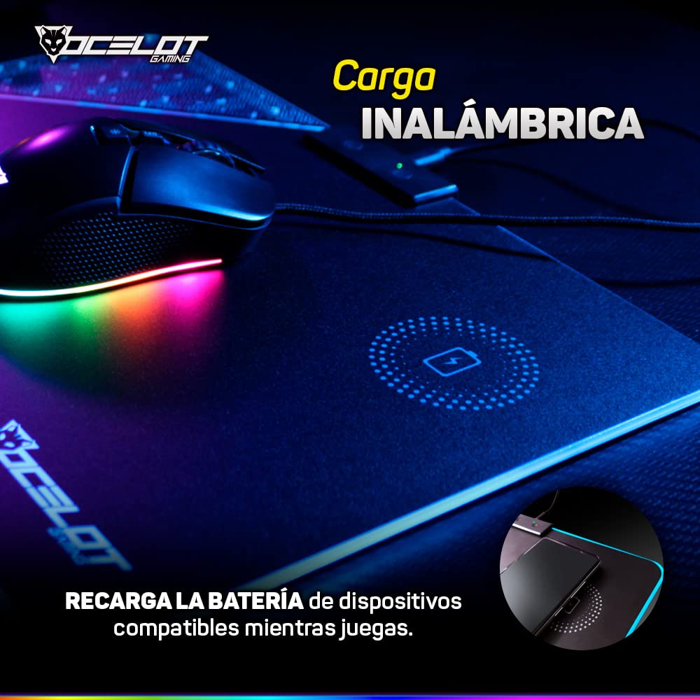 Mouse Pad Rigido Ocelot Gaming OMPR01. Iluminación RGB con Software Integrado, Conexión USB para alimentación, Sistema de Carga inalambrica para Smartphones.