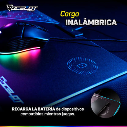 Mouse Pad Rigido Ocelot Gaming OMPR01. Iluminación RGB con Software Integrado, Conexión USB para alimentación, Sistema de Carga inalambrica para Smartphones.