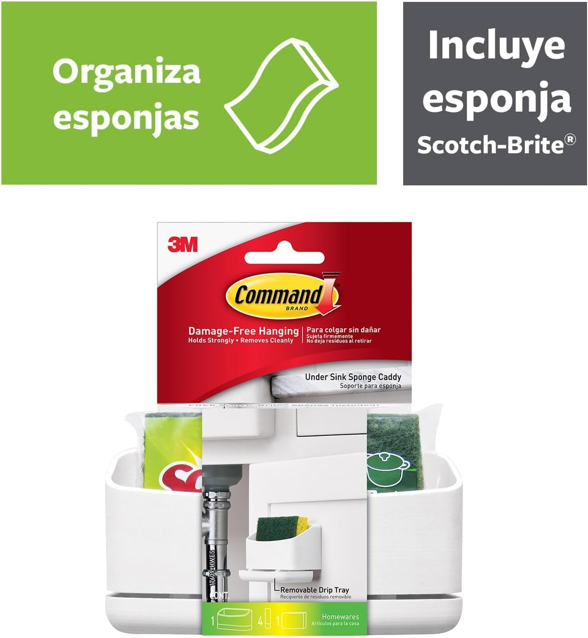 Scotch-Brite Command 3M Sujeta Esponja de Cocina Fibra Esponja La Original Chica 1 Pieza