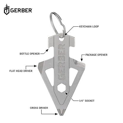 Gerber Broadhead Herramienta Multifunción 1074045 | Plata, acero inoxidable, longitud 6.5 cm, peso 26 g, 5 funciones, llavero